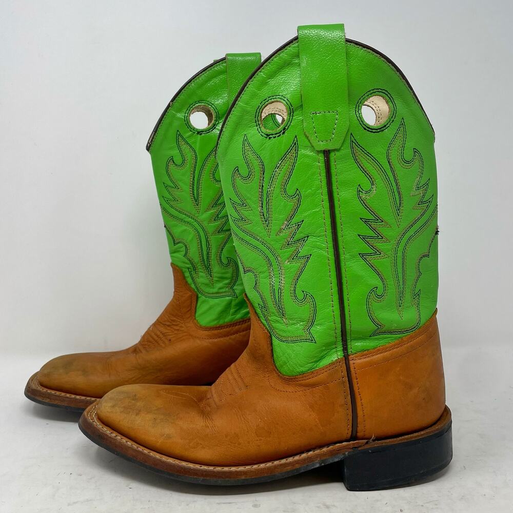 Old West Green & Tan Cowboy Western Boots Youth Kids Toddler Size 1.5